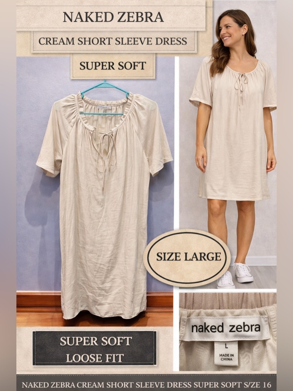 Naked Zebra Cream Short Sleeve Dress SUPER SOFT size LARGE loose fit